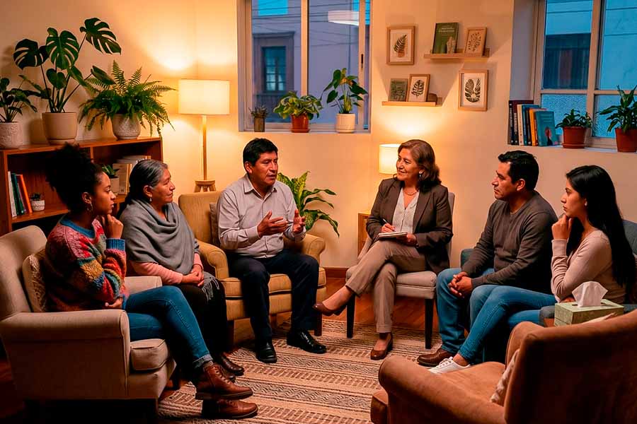 Grupo de jóvenes adultos en una sesión de terapia grupal.